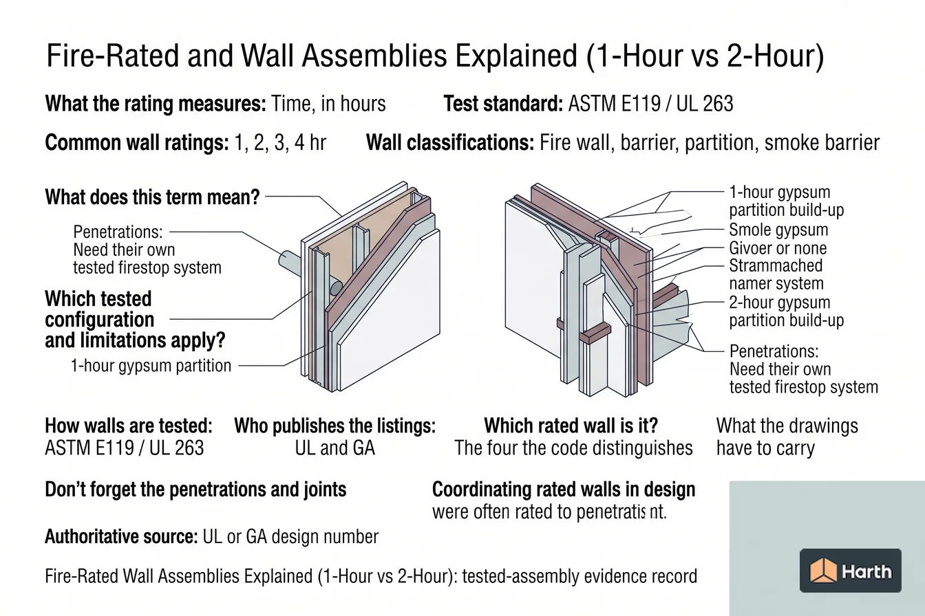 Labeled wall-assembly cutaway diagram: Fire-Rated Wall Assemblies Explained (1-Hour vs 2-Hour)