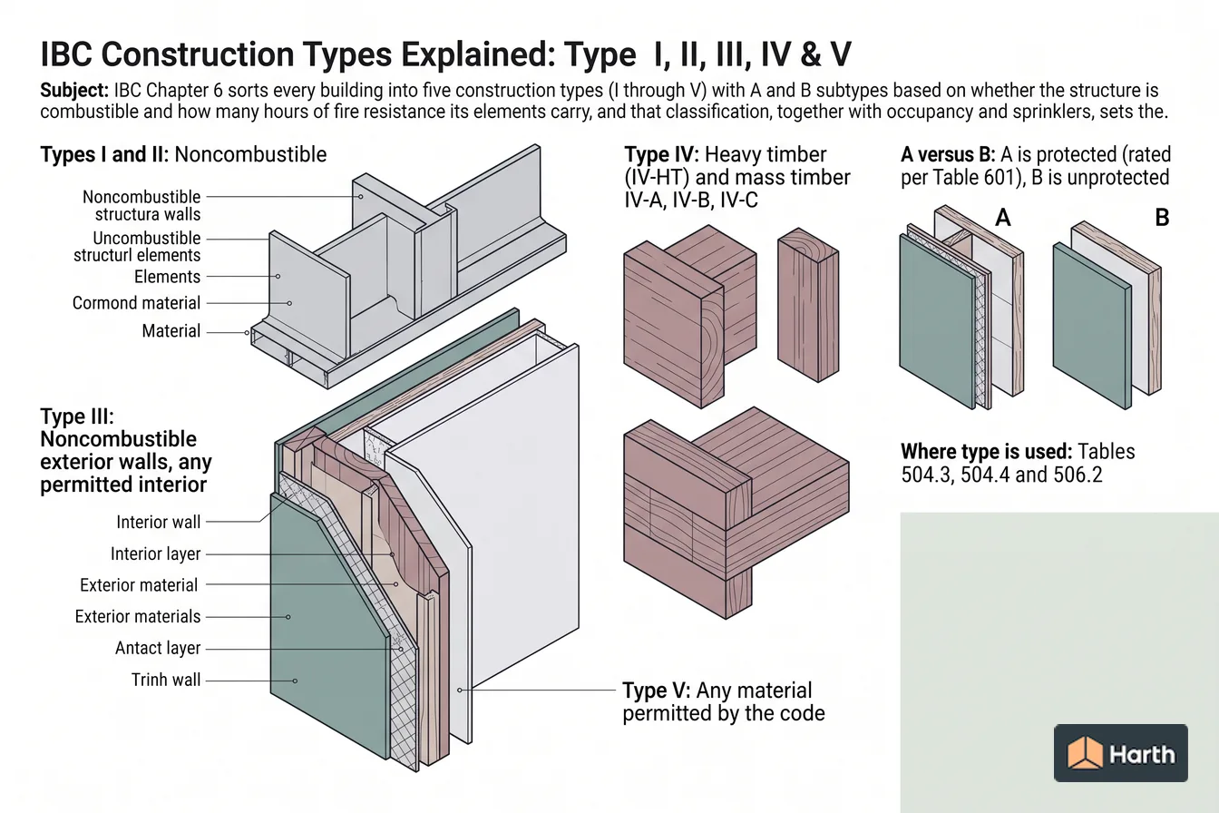 Labeled wall-assembly cutaway diagram: IBC Construction Types Explained: Type I, II, III, IV & V