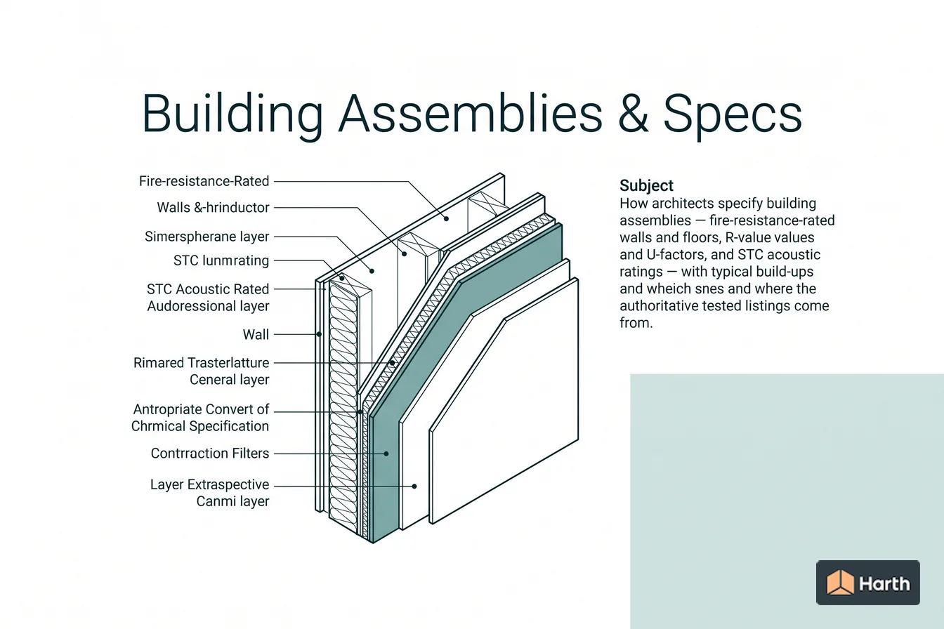 Labeled wall-assembly cutaway diagram: Building Assemblies & Specs