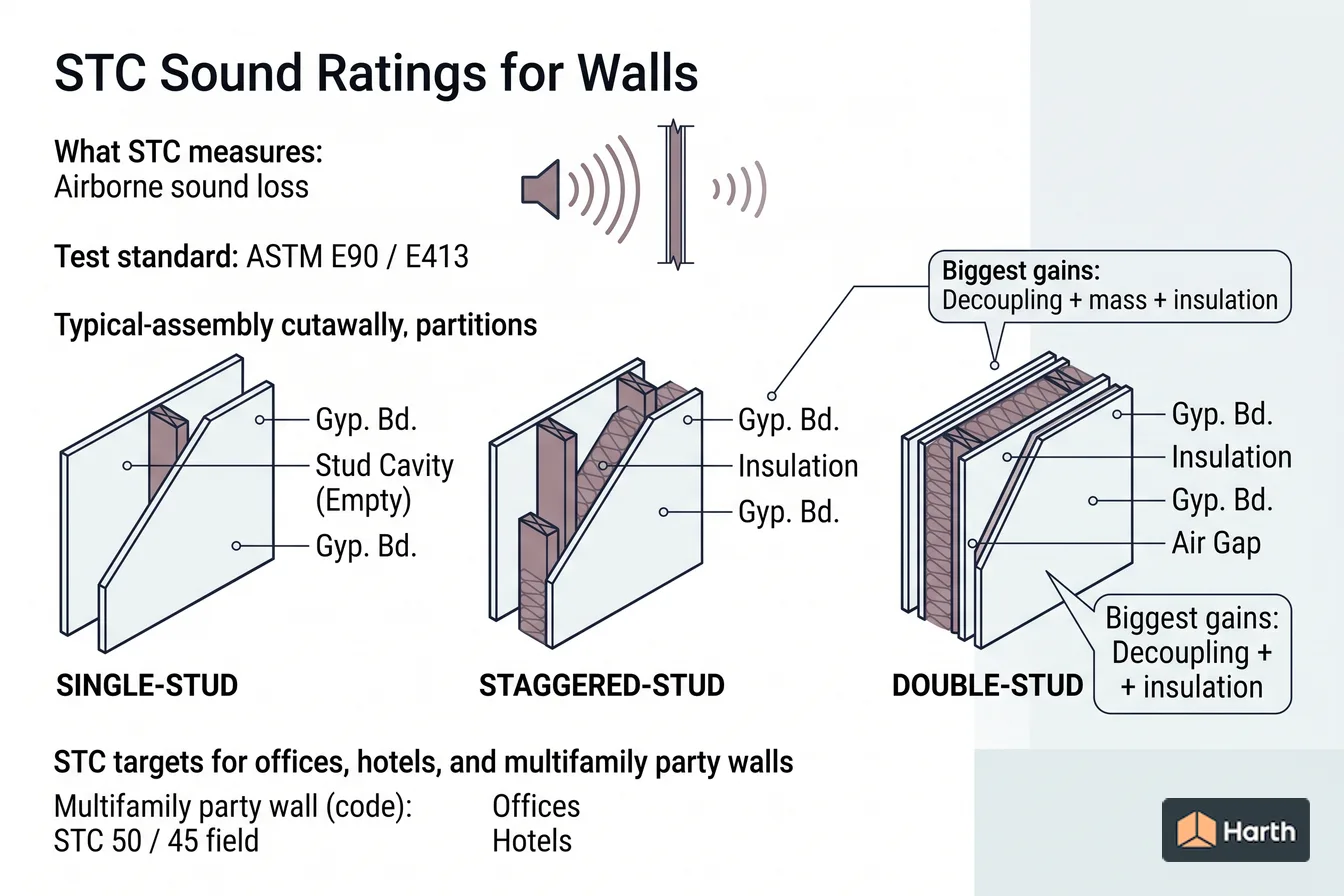 Labeled wall-assembly cutaway diagram: STC Sound Ratings for Walls