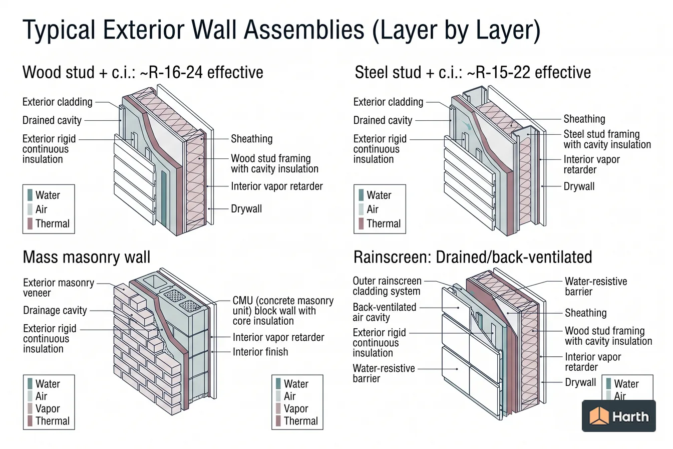 Labeled wall-assembly cutaway diagram: Typical Exterior Wall Assemblies (Layer by Layer)
