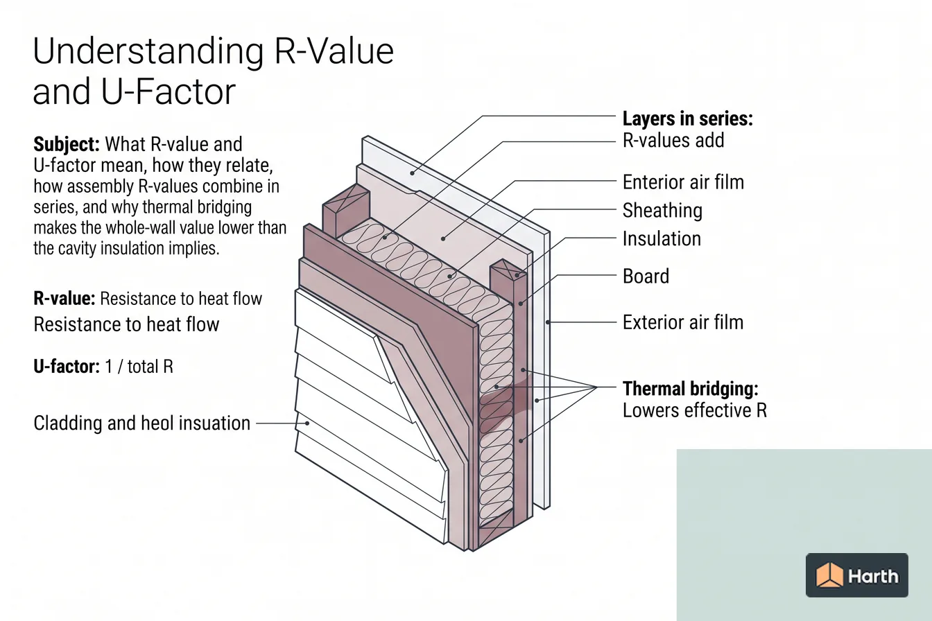 Labeled wall-assembly cutaway diagram: Understanding R-Value and U-Factor