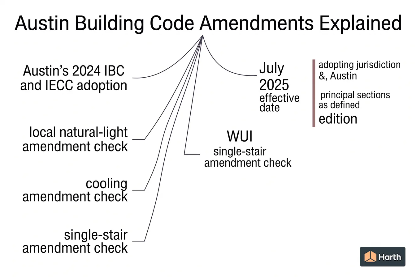 Labeled code-chapter diagram: Austin Building Code Amendments Explained