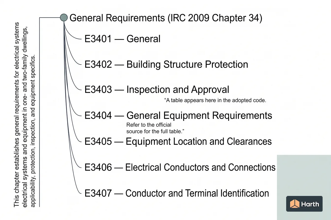 Labeled code-chapter diagram: General Requirements (IRC 2009 Chapter 34)