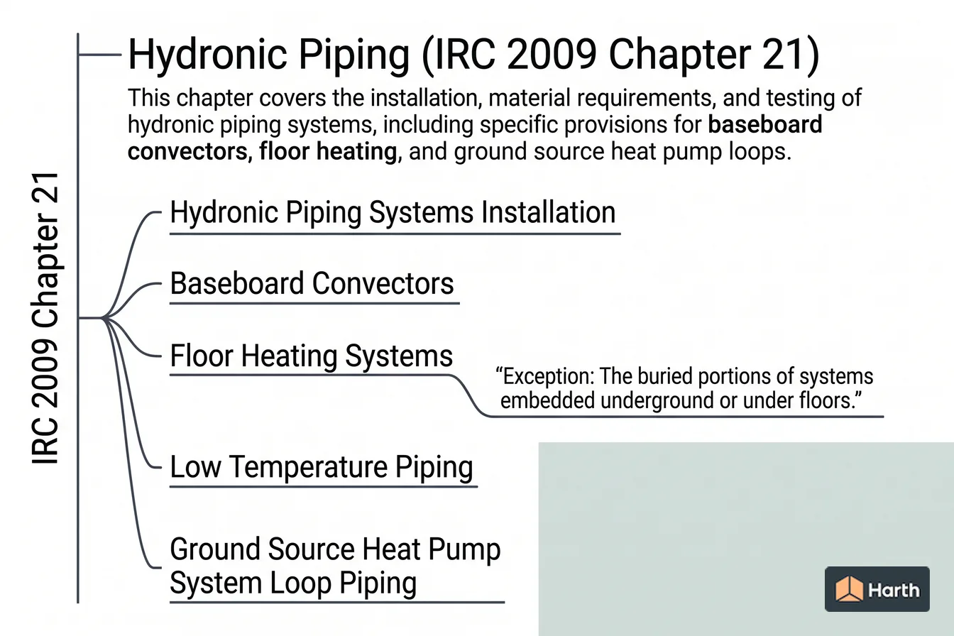 Labeled code-chapter diagram: Hvdronic Piping (IRC 2009 Chapter 21)