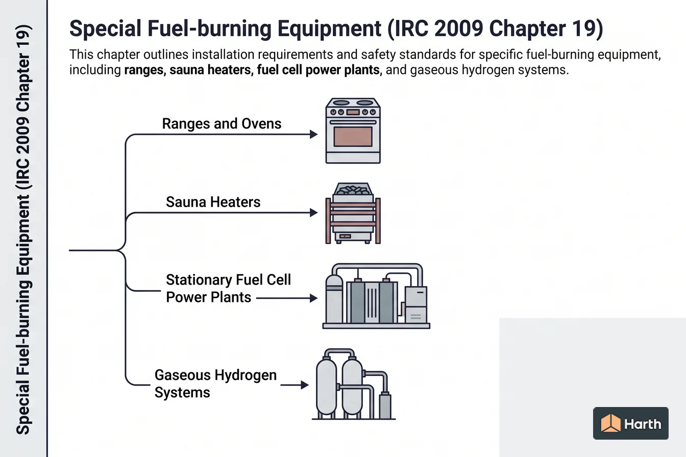 Labeled code-chapter diagram: Special Fuel-burning Equipment (IRC 2009 Chapter 19)