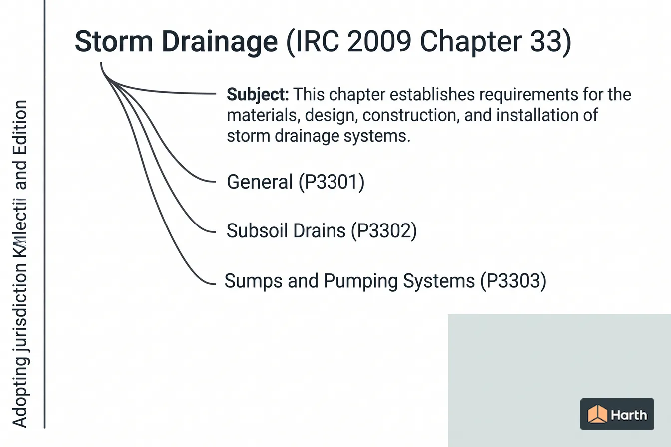 Labeled code-chapter diagram: Storm Drainage (IRC 2009 Chapter 33)
