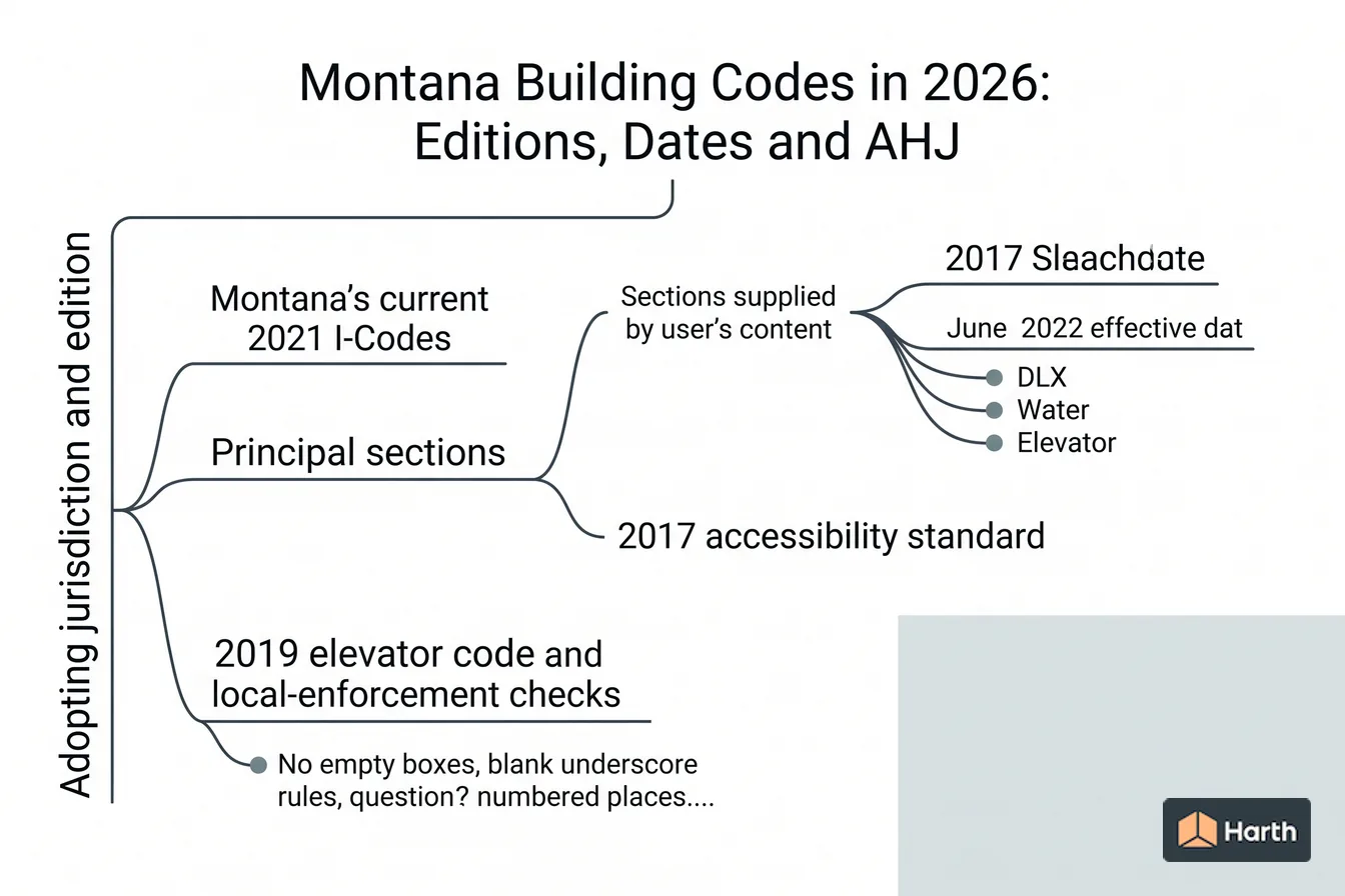 Labeled code-chapter diagram: Montana Building Codes in 2026: Editions, Dates and AHJ