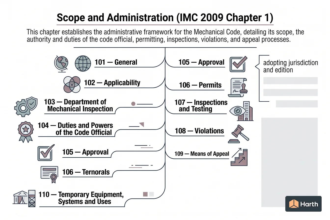 Labeled code-chapter diagram: Scope and Administration (IMC 2009 Chapter 1)