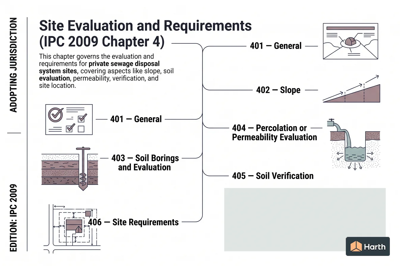 Labeled code-chapter diagram: Site Evaluation and Requirements (IPC 2009 Chapter 4)