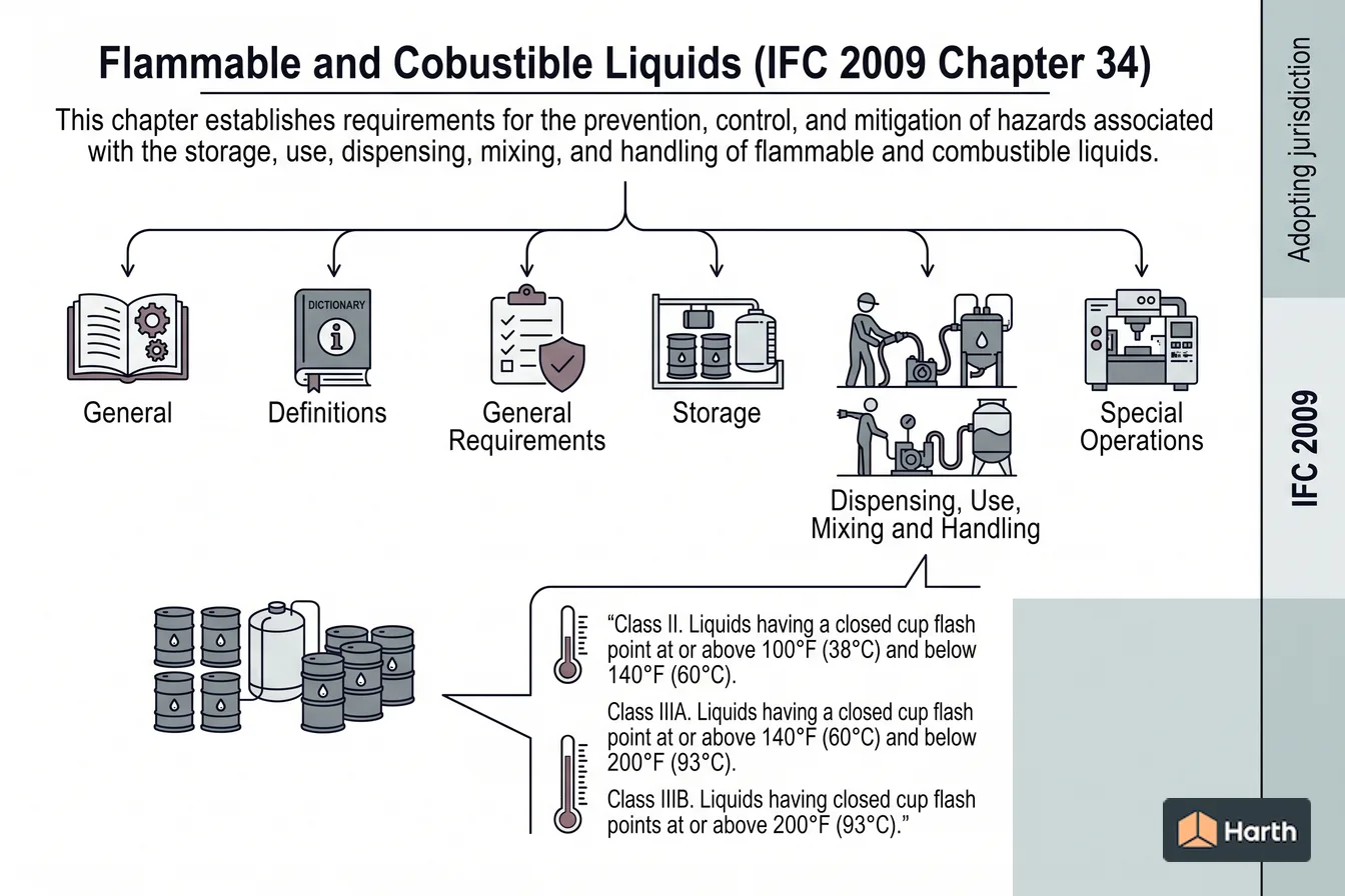 Labeled code-chapter diagram: Flammable and Combustible Liquids (IFC 2009 Chapter 34)