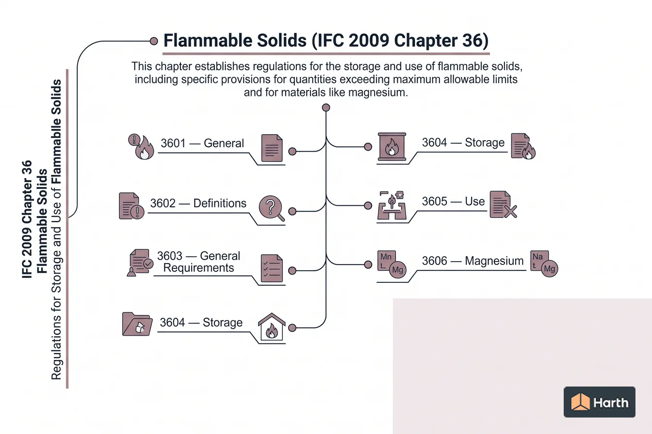 Labeled code-chapter diagram: Flammable Solids (IFC 2009 Chapter 36)