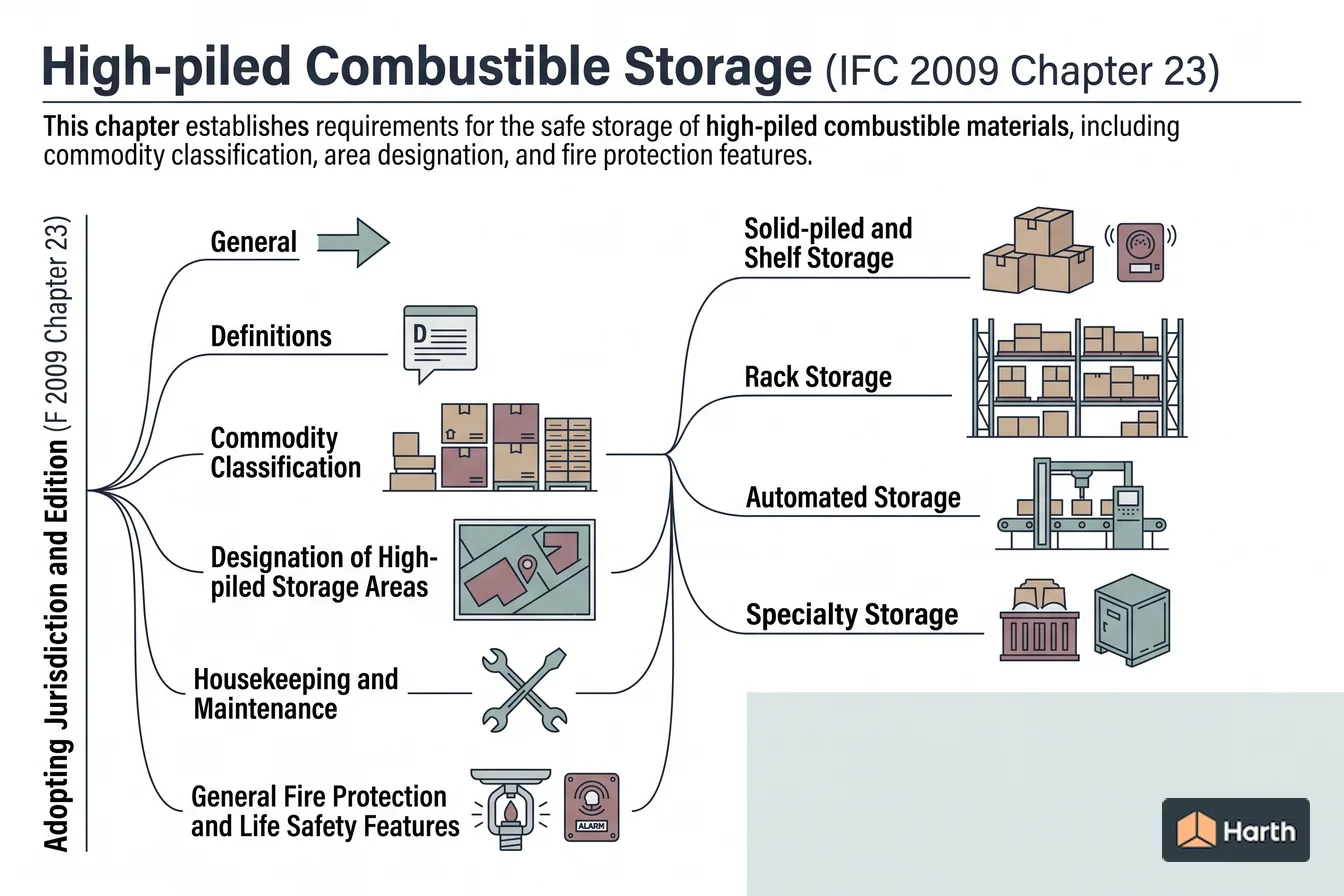 Labeled code-chapter diagram: High-piled Combustible Storage (IFC 2009 Chapter 23)