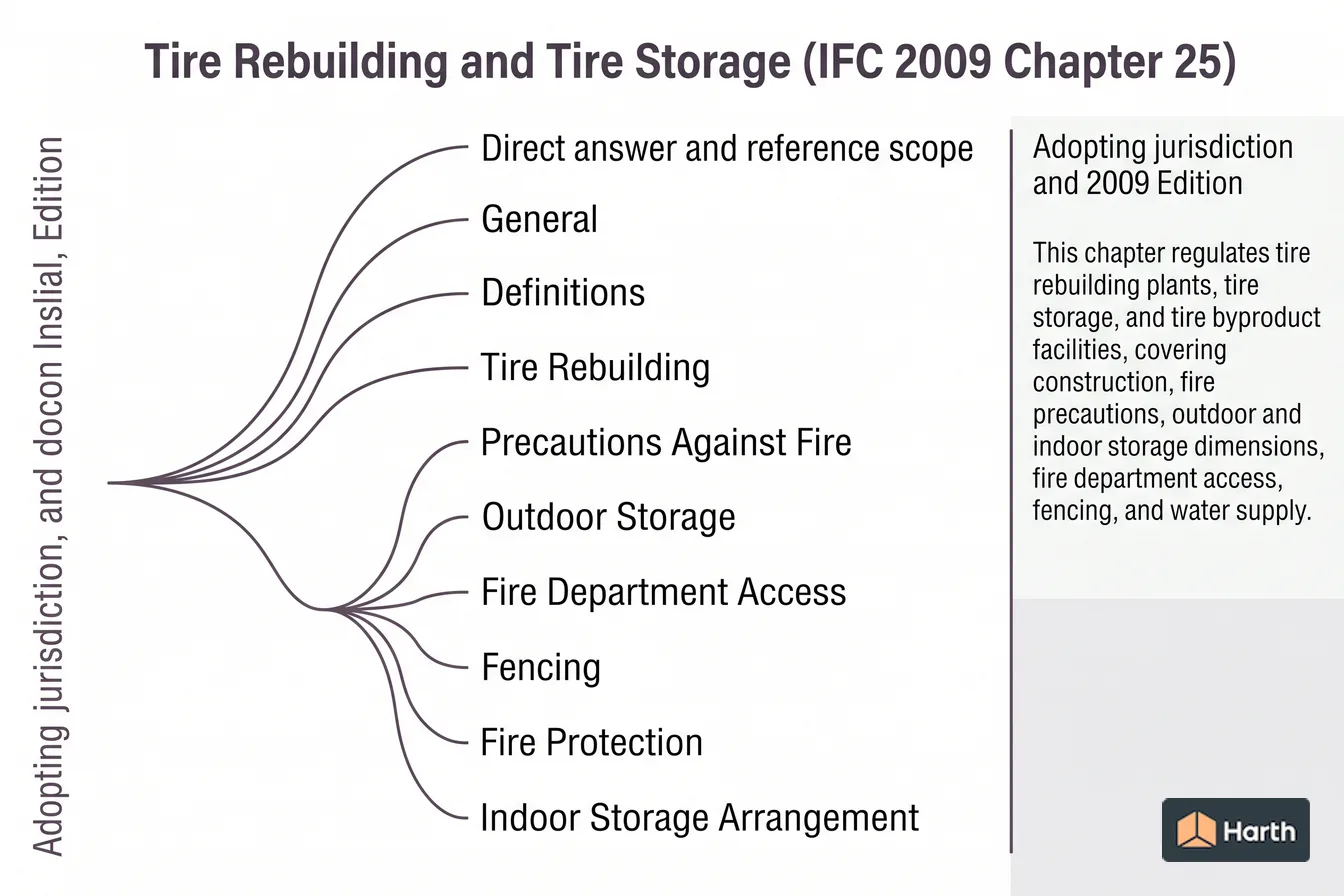 Labeled code-chapter diagram: Tire Rebuilding and Tire Storage (IFC 2009 Chapter 25)