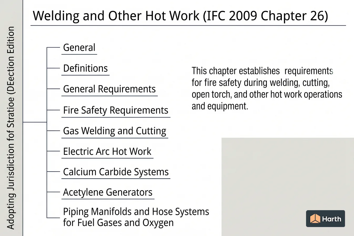 Labeled code-chapter diagram: Welding and Other Hot Work (IFC 2009 Chapter 26)