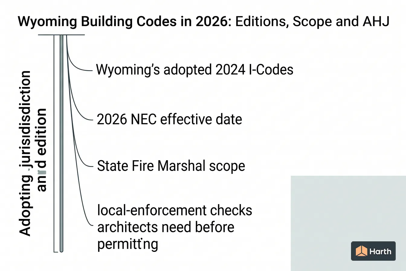 Labeled code-chapter diagram: Wyoming Building Codes in 2026: Editions, Scope and AHJ