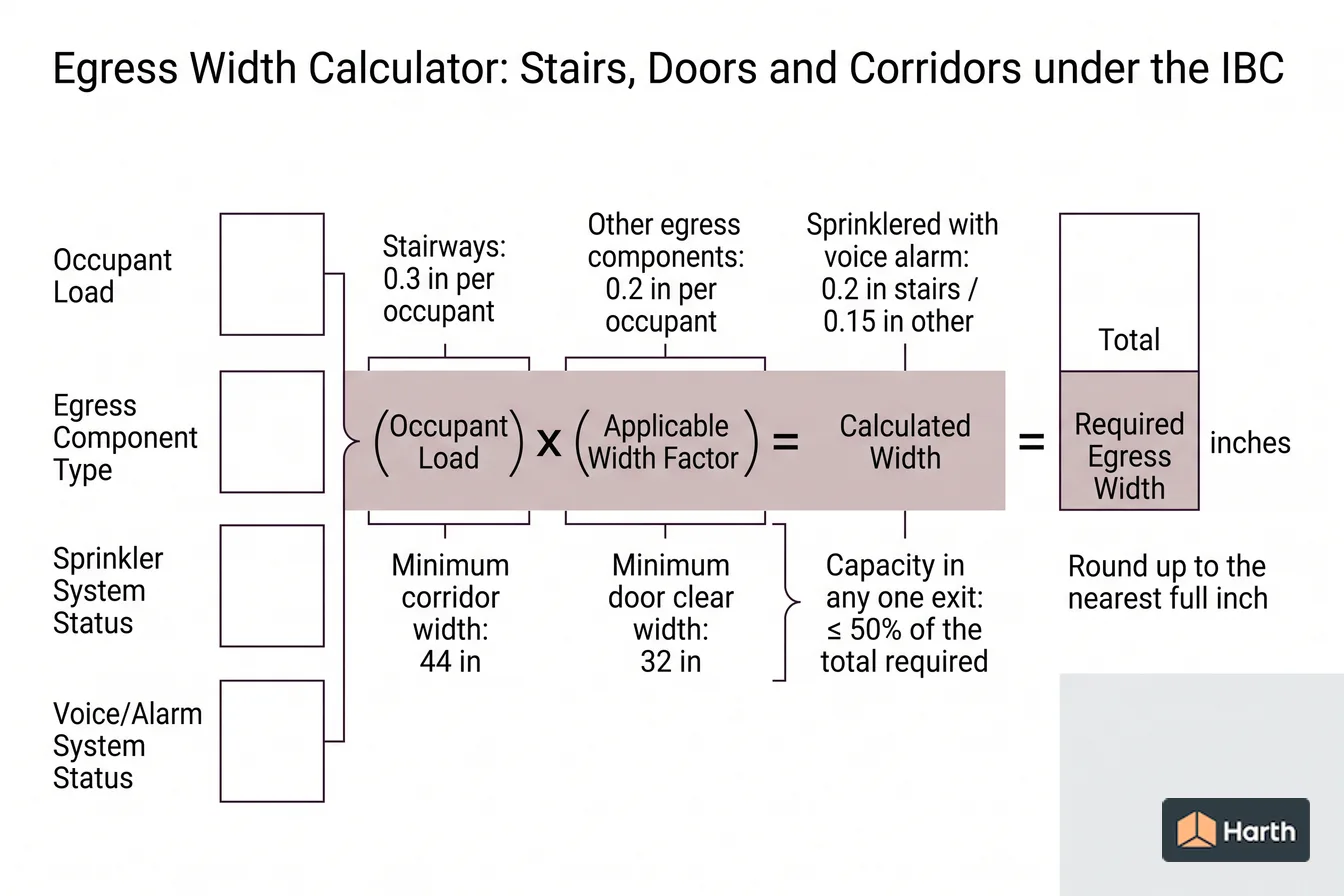 Labeled code-calculation diagram: Egress Width Calculator: Stairs, Doors and Corridors under the IBC