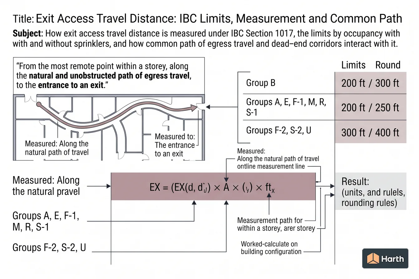 Labeled code-calculation diagram: Exit Access Travel Distance: IBC Limits, Measurement and Common Path