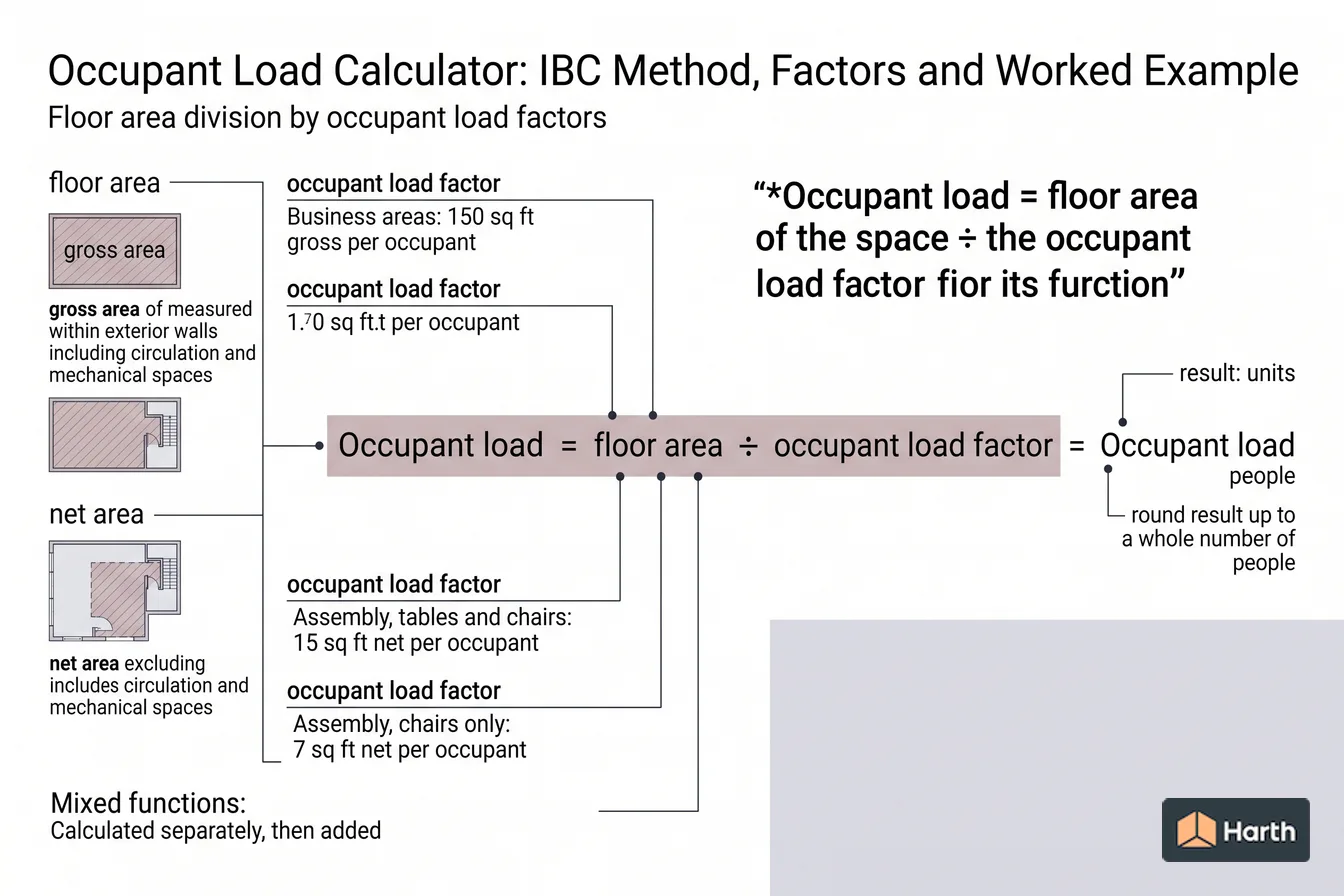 Labeled code-calculation diagram: Occupant Load Calculator: IBC Method, Factors and Worked Example