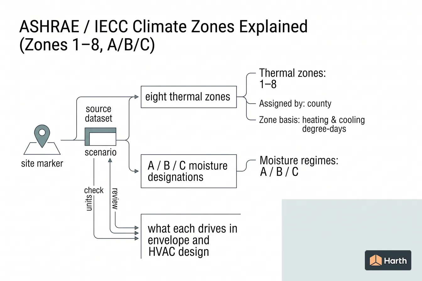 Climate-data selection and QA diagram: ASHRAE / IECC Climate Zones Explained (Zones 1–8, A/B/C)
