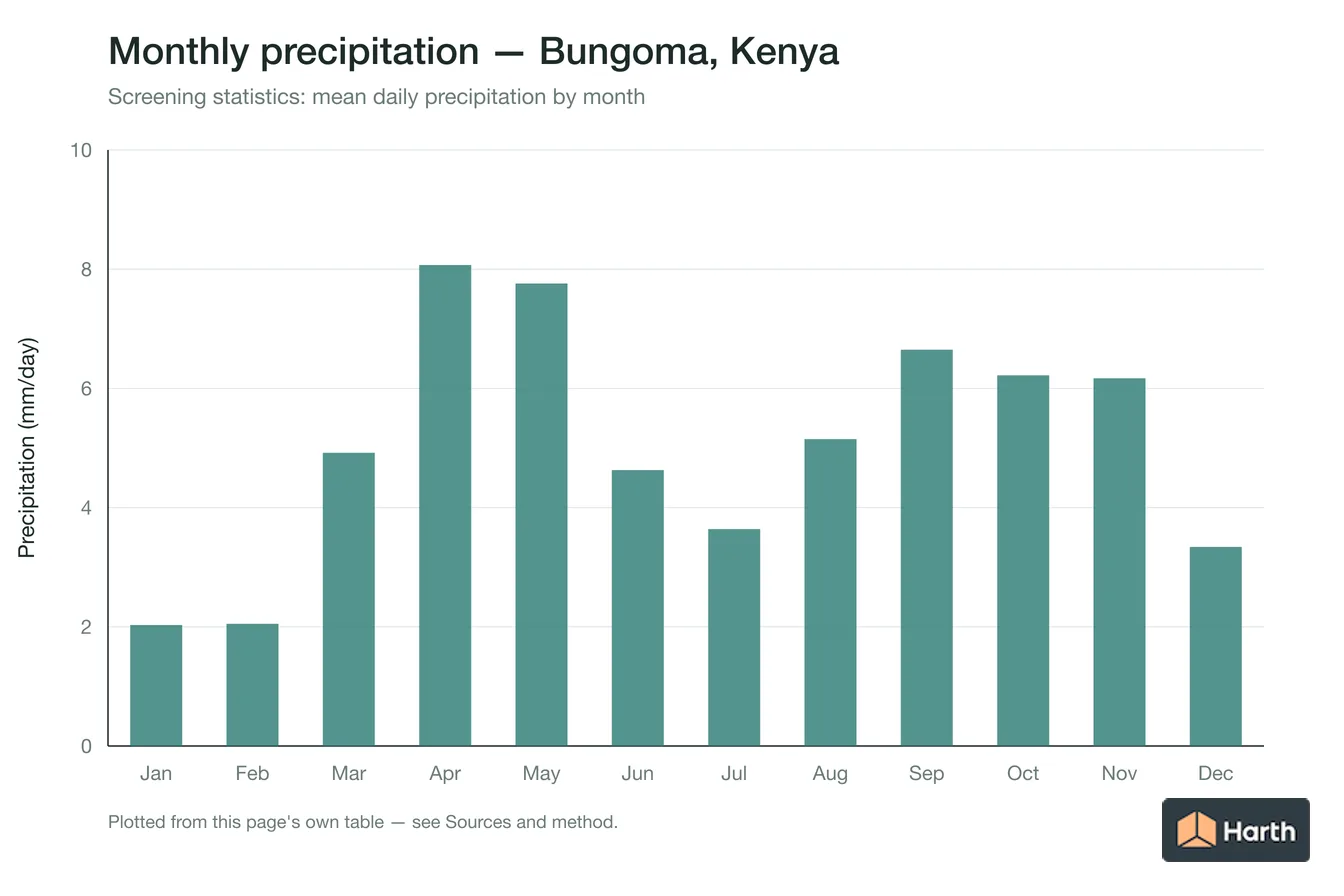 Mean daily precipitation by month for Bungoma, Kenya