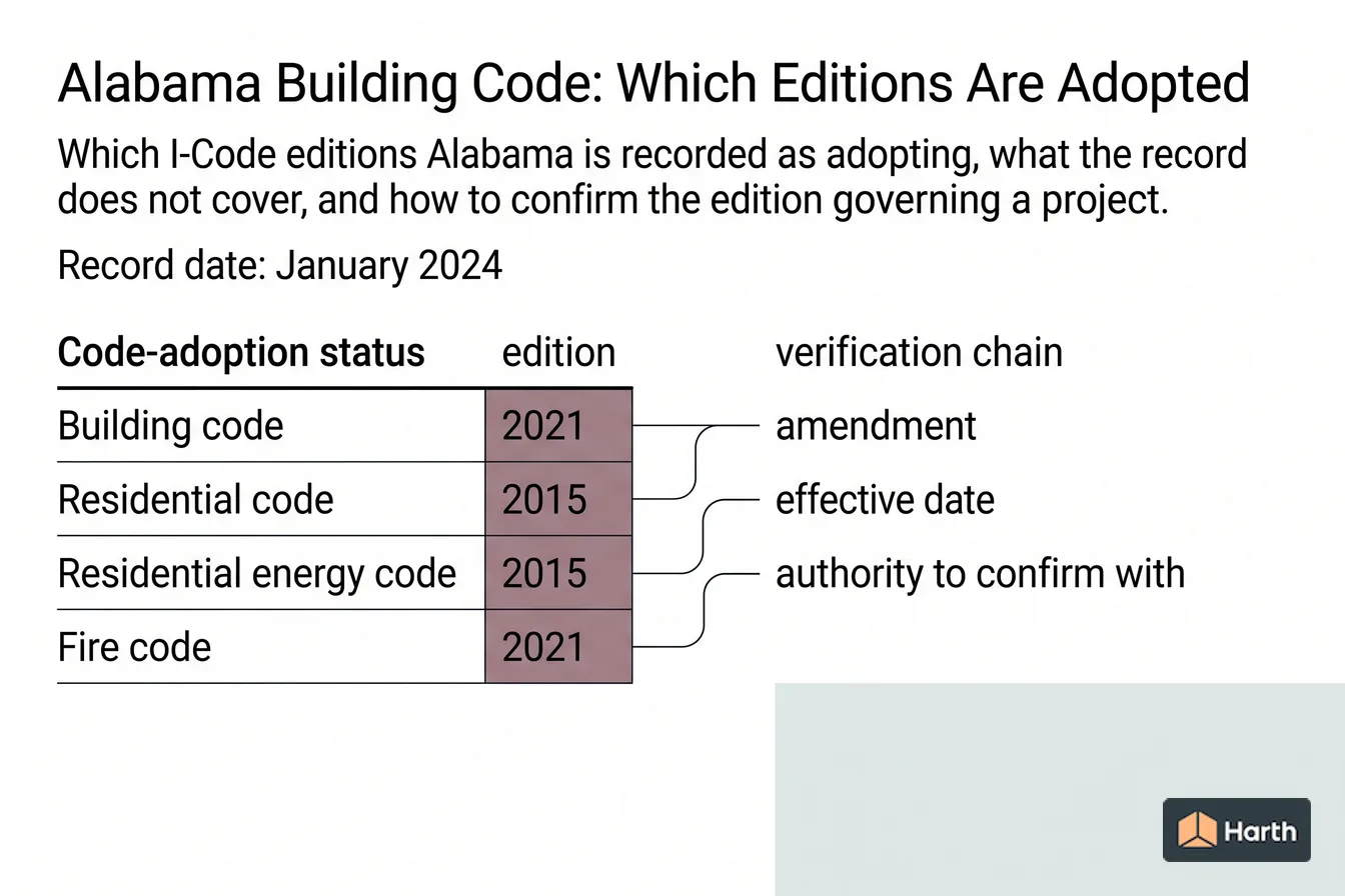 Code-adoption status diagram: Alabama Building Code: Which Editions Are Adopted