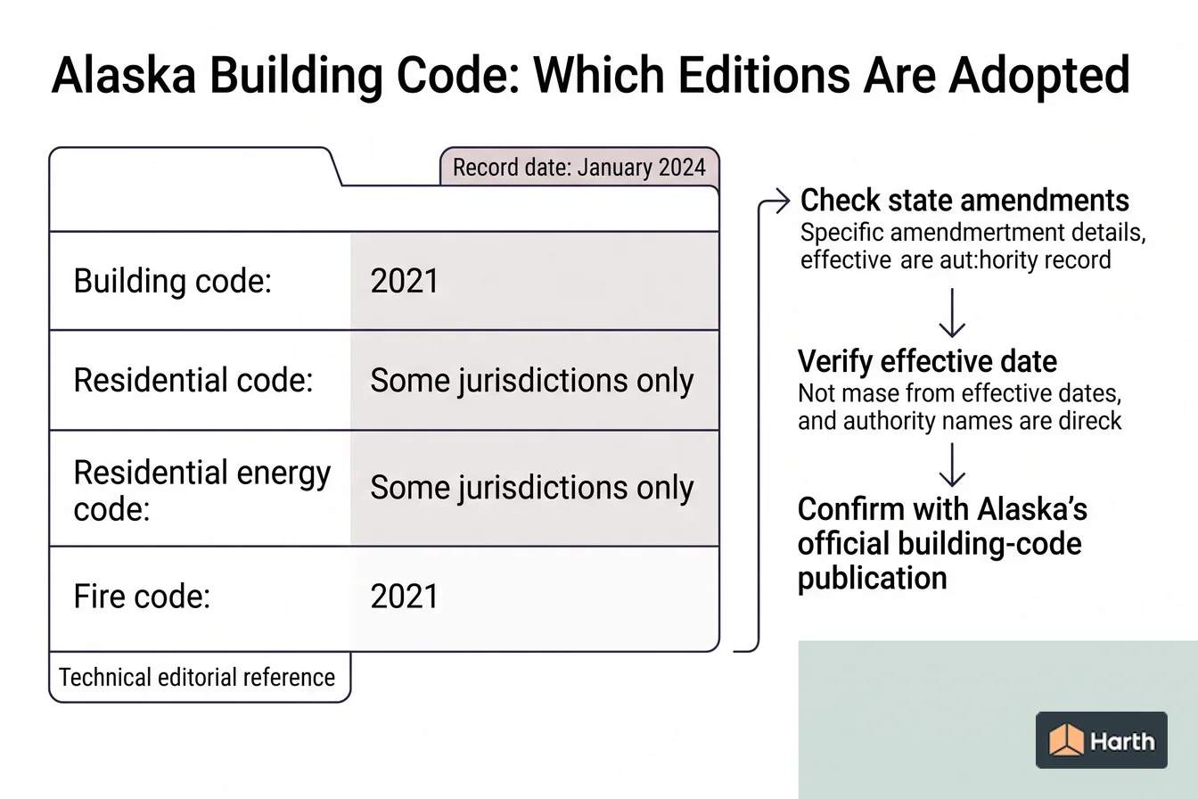 Code-adoption status diagram: Alaska Building Code: Which Editions Are Adopted
