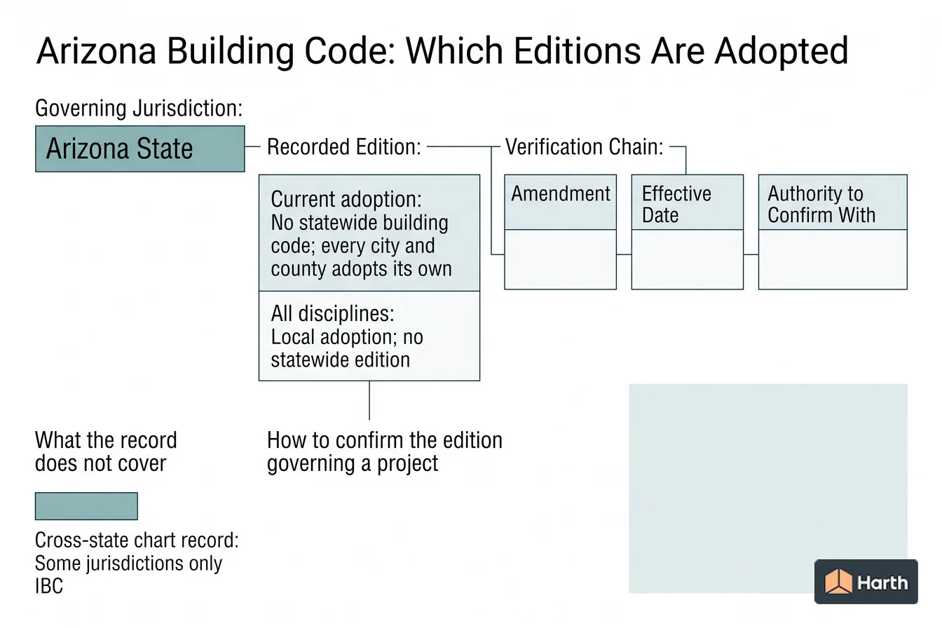 Code-adoption status diagram: Arizona Building Code: Which Editions Are Adopted
