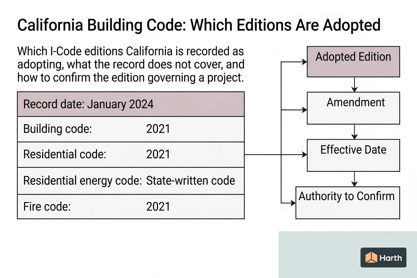 Code-adoption status diagram: California Building Code: Which Editions Are Adopted
