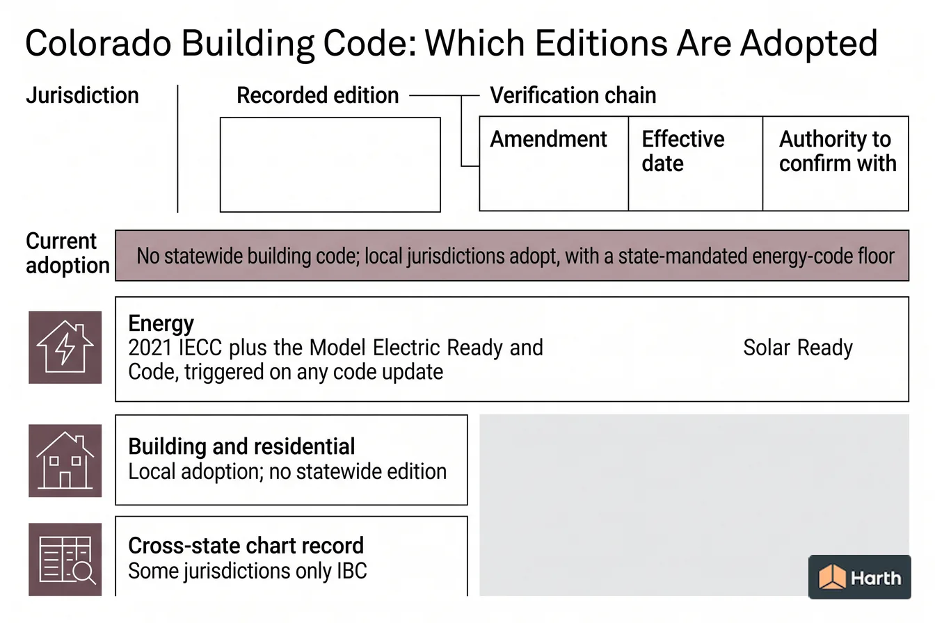 Code-adoption status diagram: Colorado Building Code: Which Editions Are Adopted