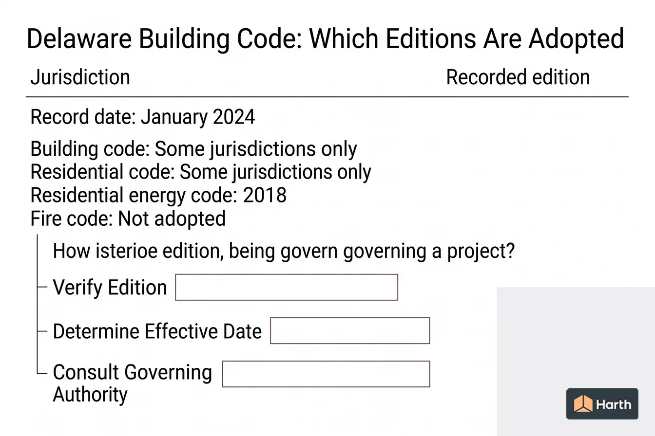Code-adoption status diagram: Delaware Building Code: Which Editions Are Adopted