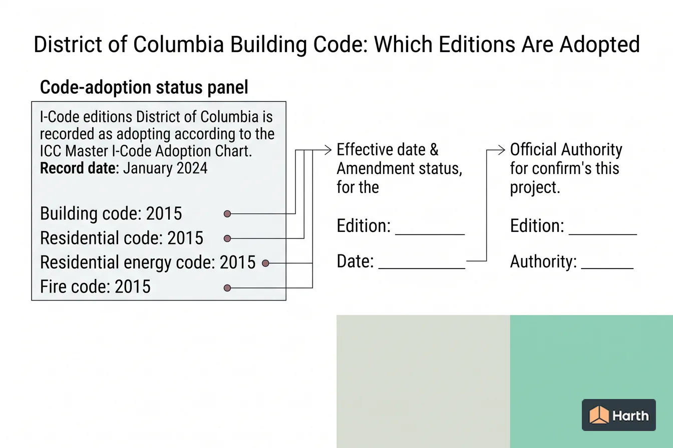 Code-adoption status diagram: District of Columbia Building Code: Which Editions Are Adopted