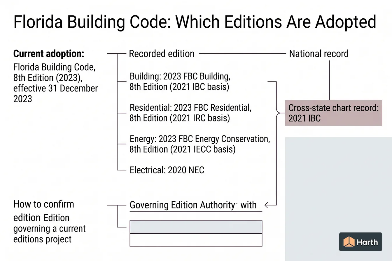 Code-adoption status diagram: Florida Building Code: Which Editions Are Adopted