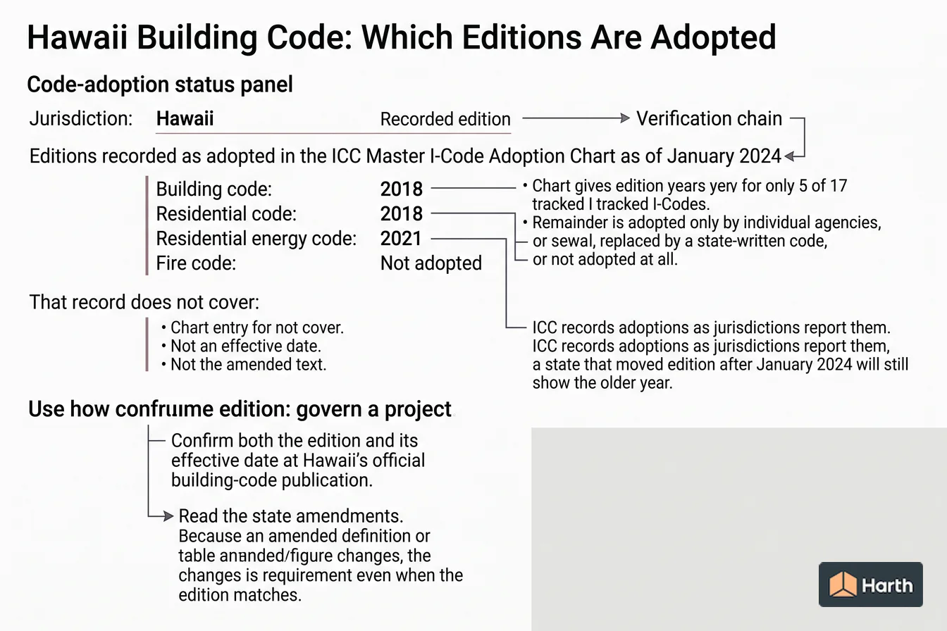 Code-adoption status diagram: Hawaii Building Code: Which Editions Are Adopted