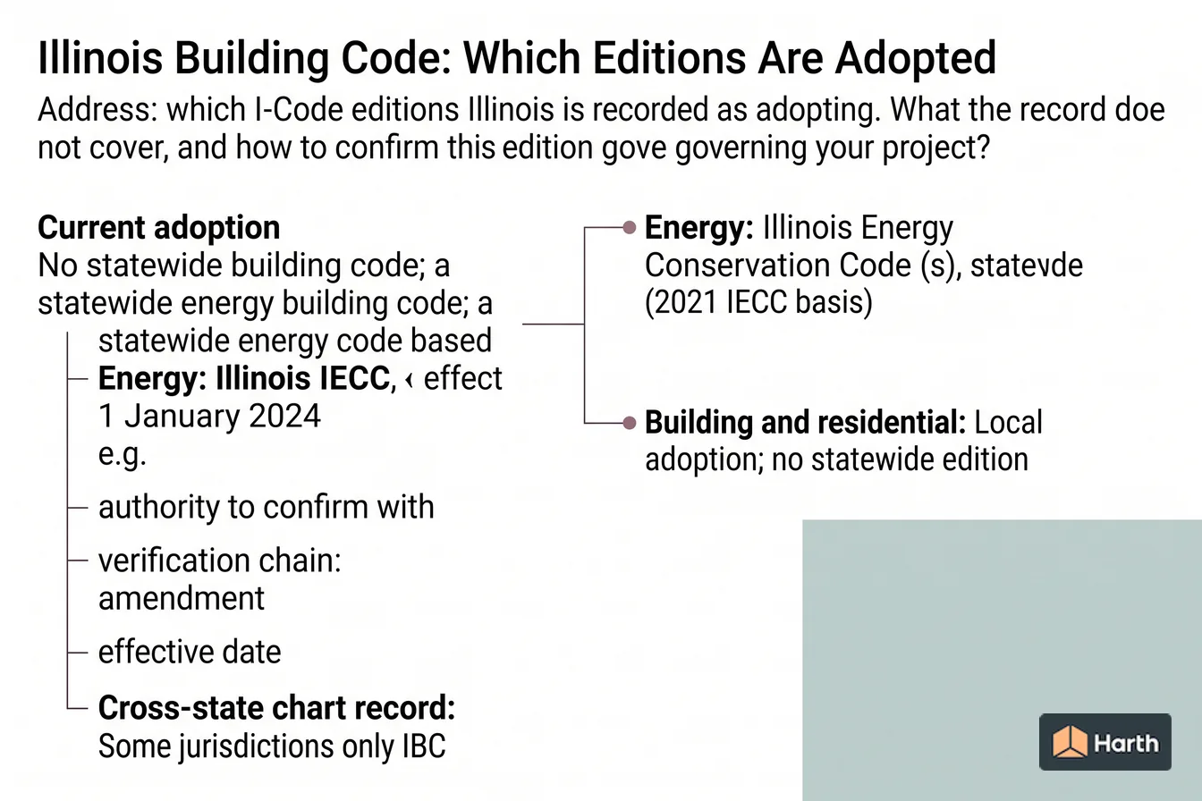 Code-adoption status diagram: Illinois Building Code: Which Editions Are Adopted