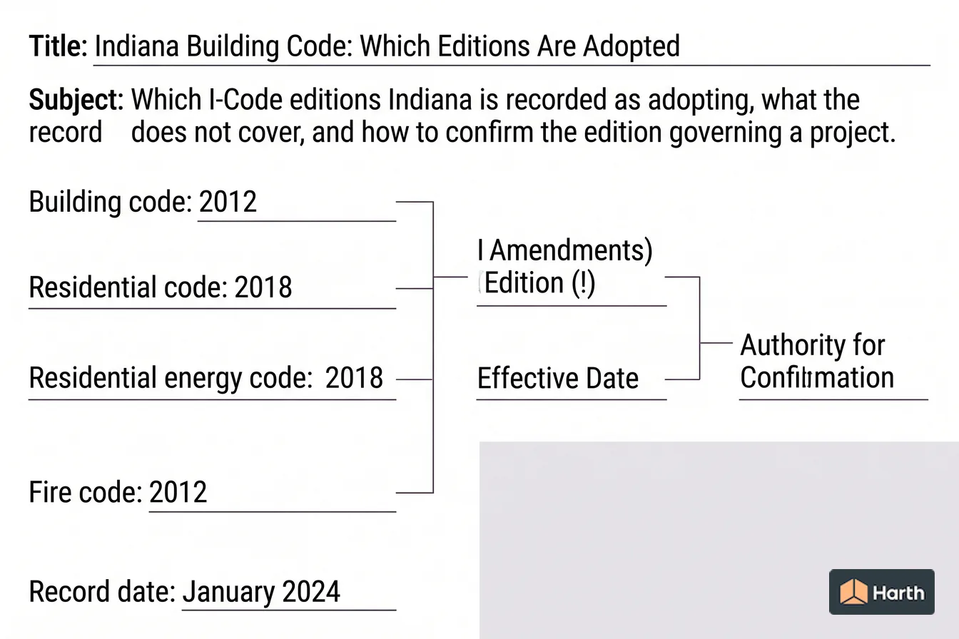 Code-adoption status diagram: Indiana Building Code: Which Editions Are Adopted