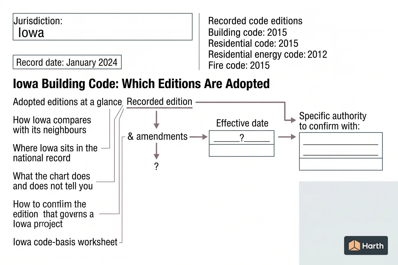 Code-adoption status diagram: Iowa Building Code: Which Editions Are Adopted