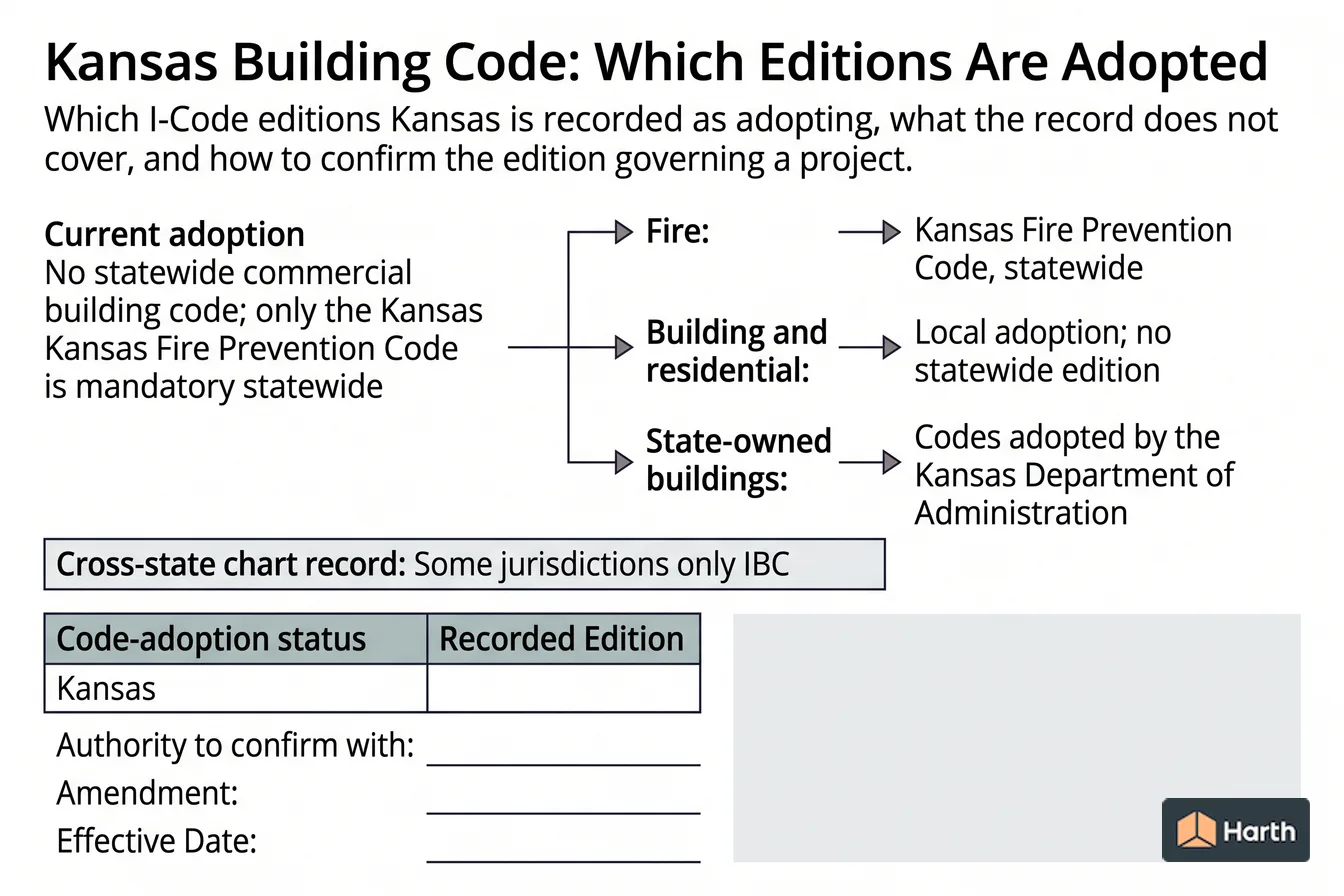 Code-adoption status diagram: Kansas Building Code: Which Editions Are Adopted