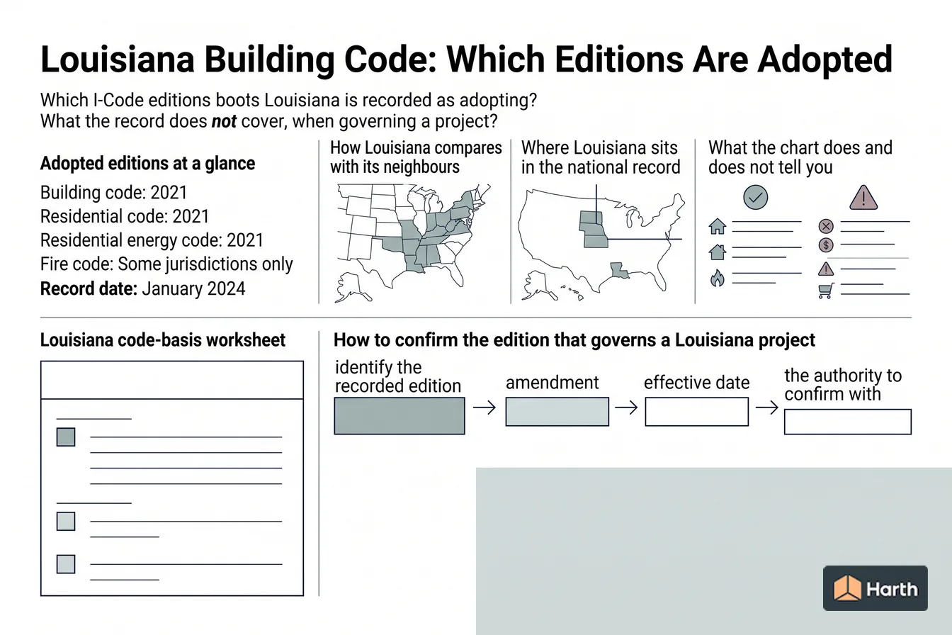 Code-adoption status diagram: Louisiana Building Code: Which Editions Are Adopted