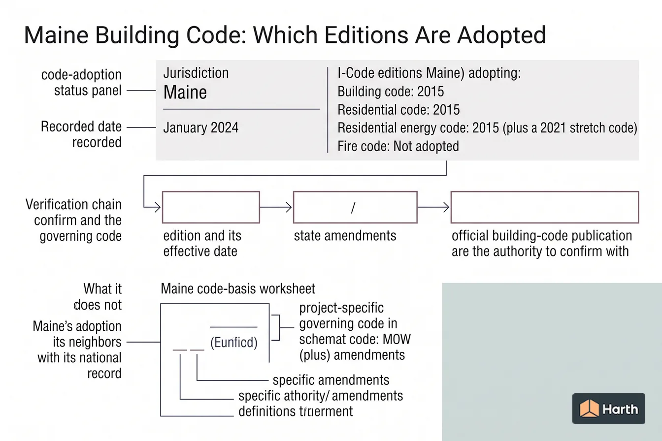Code-adoption status diagram: Maine Building Code: Which Editions Are Adopted