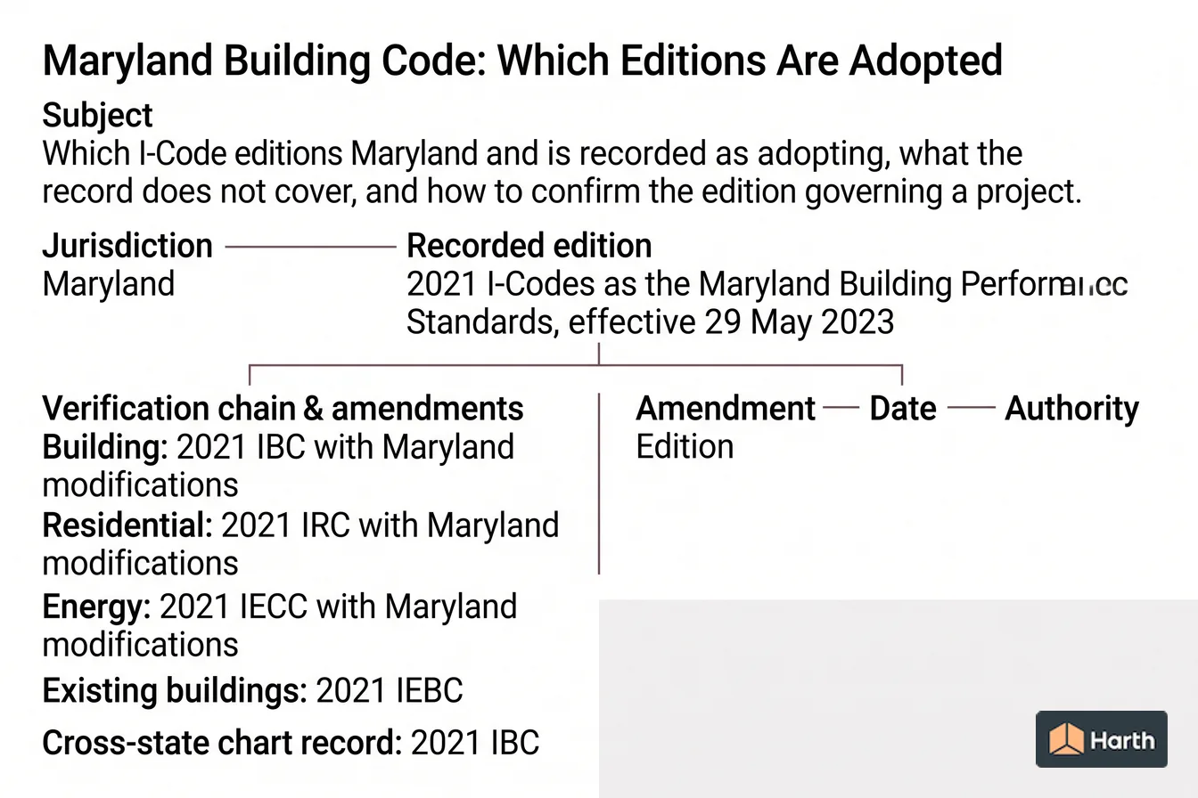 Code-adoption status diagram: Maryland Building Code: Which Editions Are Adopted
