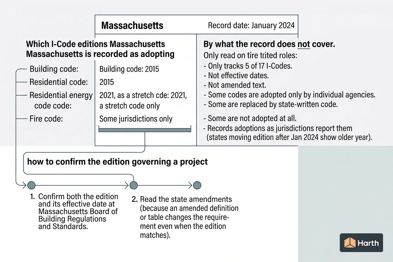 Code-adoption status diagram: Massachusetts Building Code: Which Editions Are Adopted