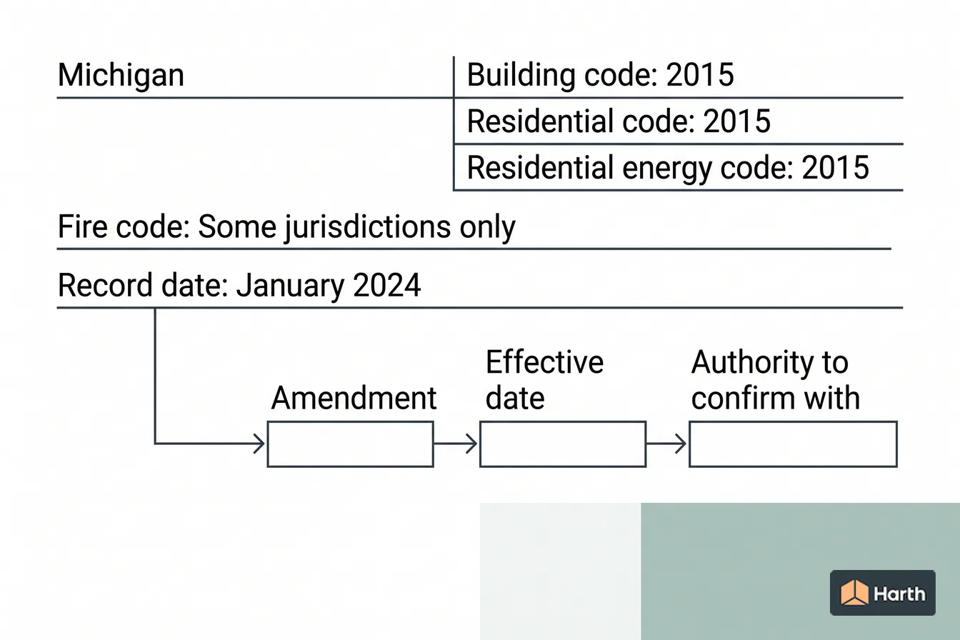 Code-adoption status diagram: Michigan Building Code: Which Editions Are Adopted