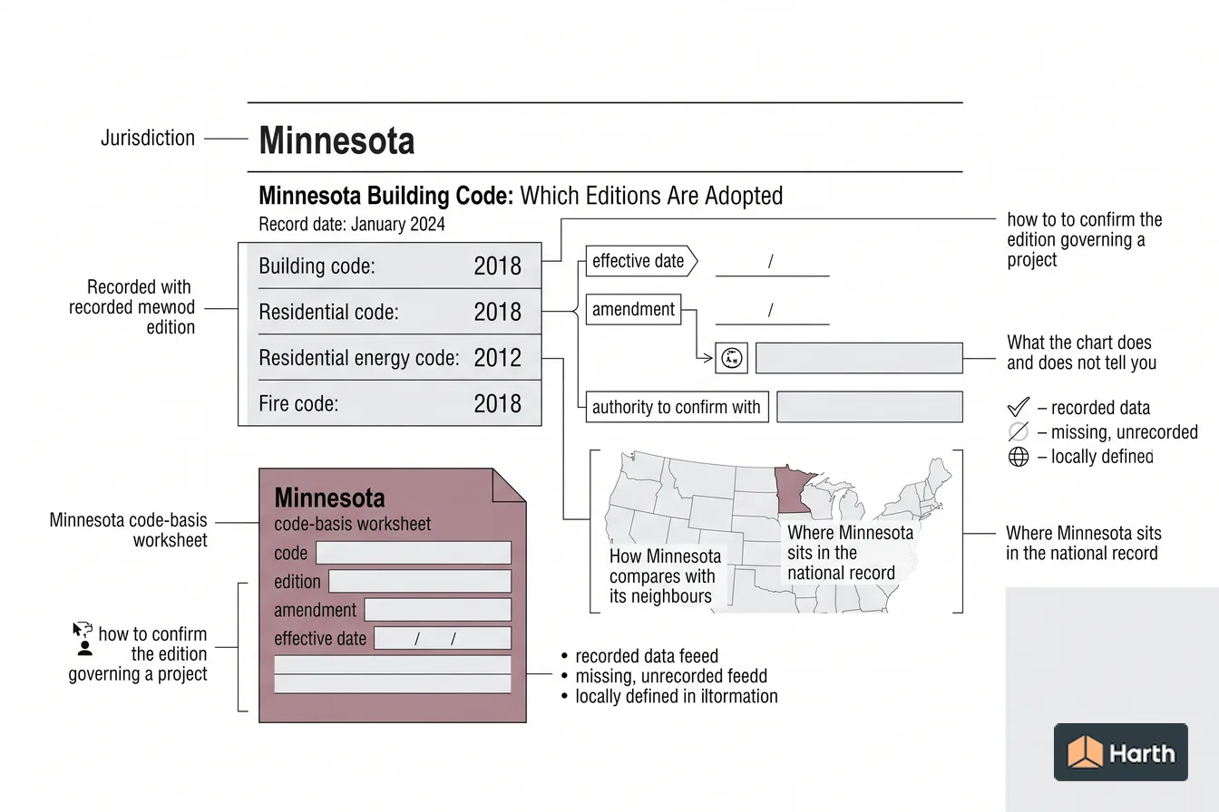 Code-adoption status diagram: Minnesota Building Code: Which Editions Are Adopted