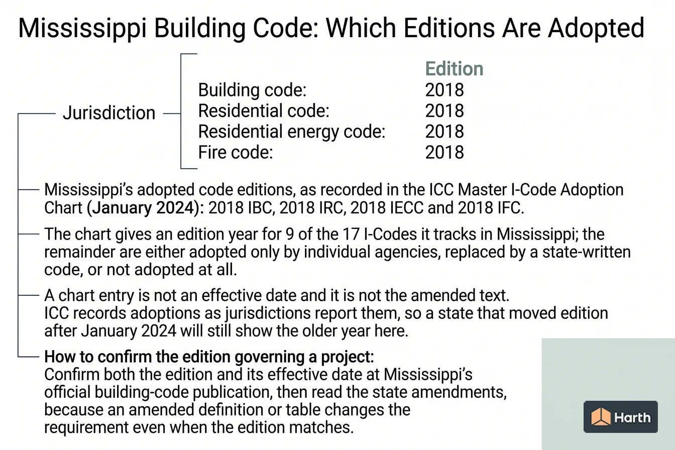 Code-adoption status diagram: Mississippi Building Code: Which Editions Are Adopted