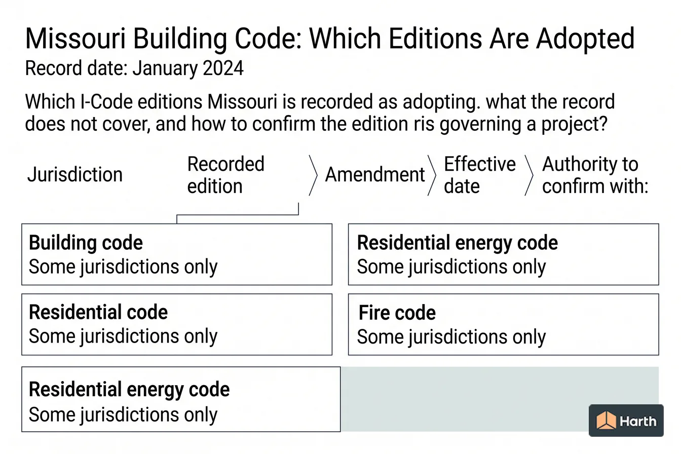 Code-adoption status diagram: Missouri Building Code: Which Editions Are Adopted
