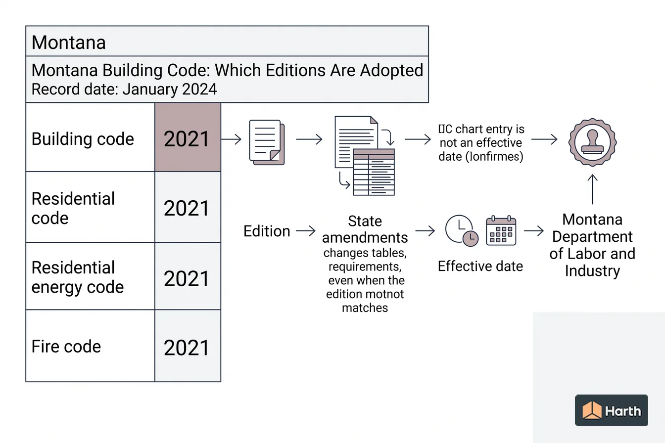 Code-adoption status diagram: Montana Building Code: Which Editions Are Adopted