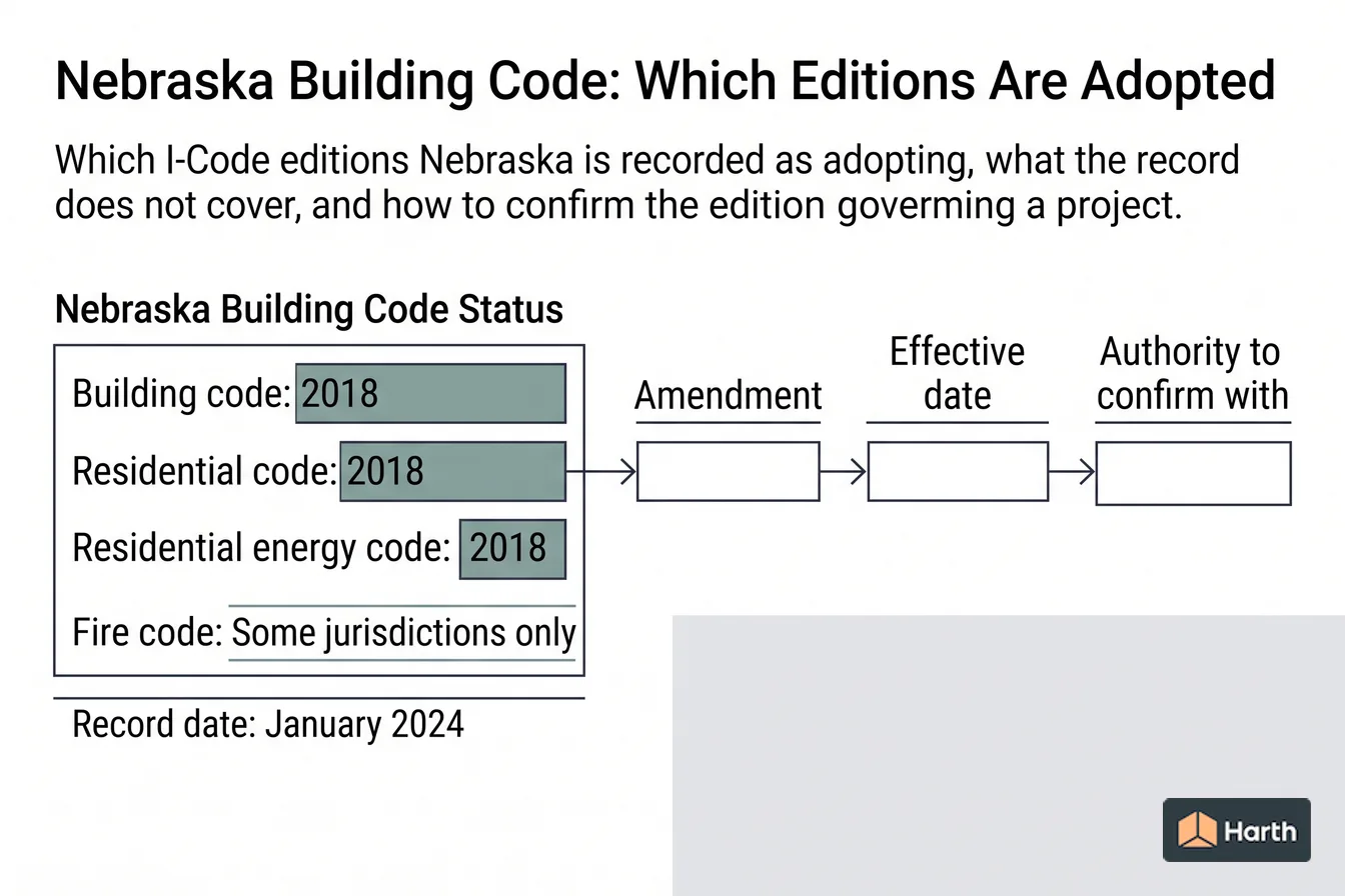 Code-adoption status diagram: Nebraska Building Code: Which Editions Are Adopted