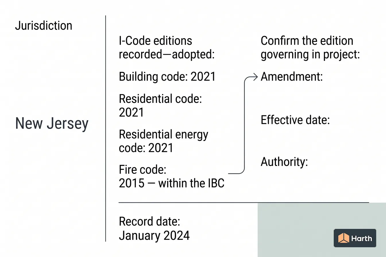 Code-adoption status diagram: New Jersey Building Code: Which Editions Are Adopted