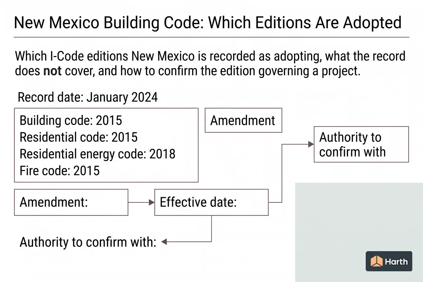 Code-adoption status diagram: New Mexico Building Code: Which Editions Are Adopted